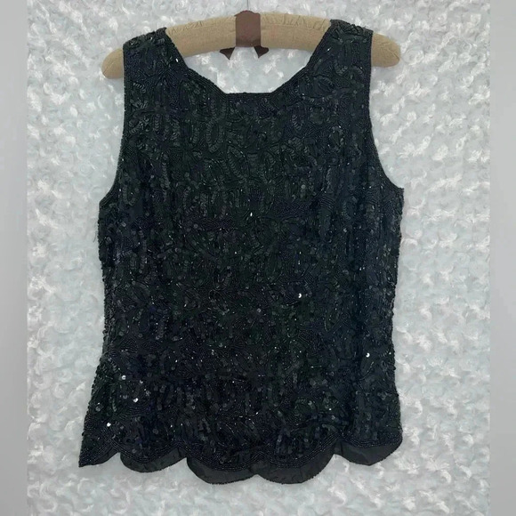 Black Satin Embroidered Top Oleg Cassini size L - Picture 2 of 5